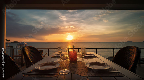 Seascape view under sunset light with dining table, Generative AI © Gasspoll