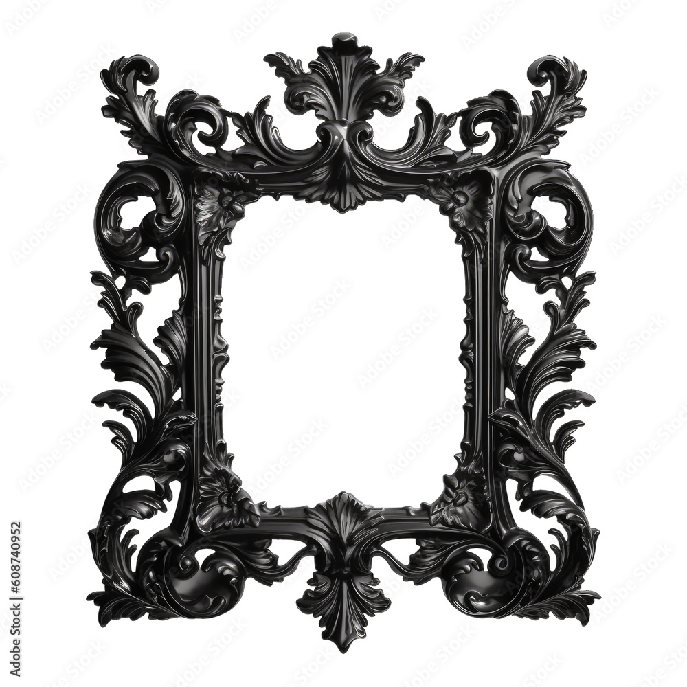 Black baroque frame isolated on transparent background. Gothic frame