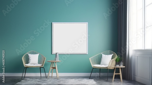 Empty frame mockup on a neat cyan color wall, room with a window and chairs, Generative AI