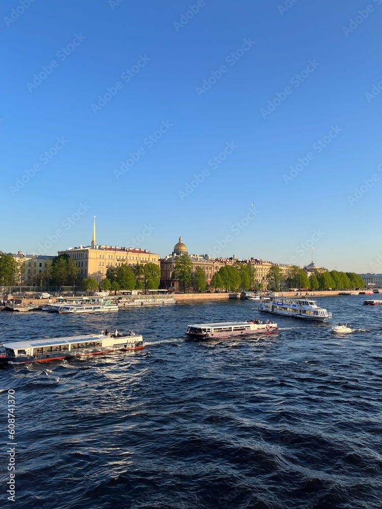 Wide city river with some sights 