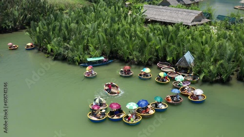 Coconut Basket Boat Tour in vietnam - aerial 4k
