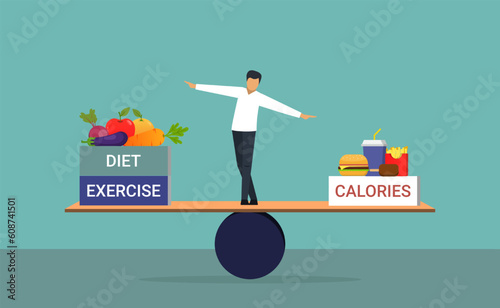 Balancing between calories with exercise and diet, scale and weighing we ate and we burn, calories in and calories out, healthy life style diet