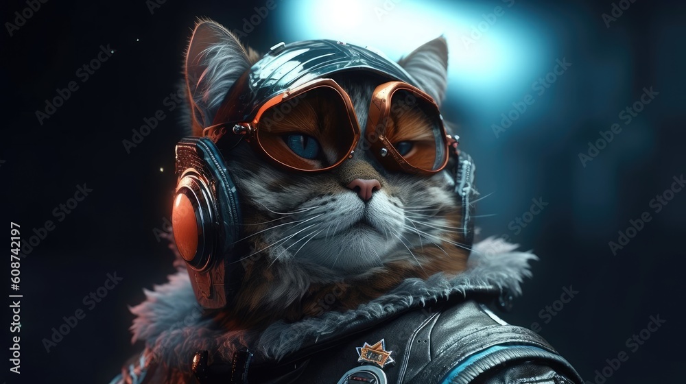 Angry fat cats cyberpunk theme VR. Generative AI illustrations
