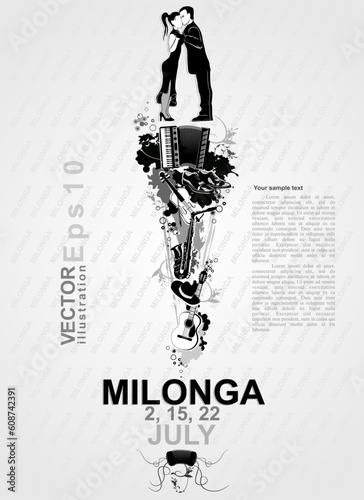Poster for the milonga. Advertisement of the tango dance. The social dance Argentina tango.