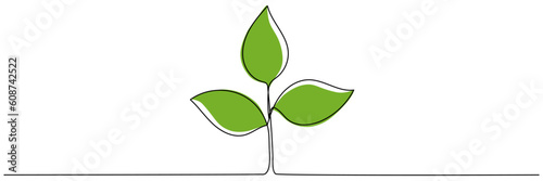 Leaves continuous line drawing. Plant branch one line art with green shapes. Vector illustration isolated on white.