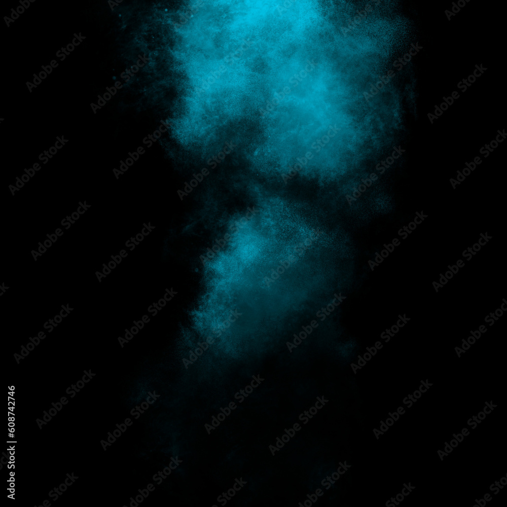 Turquoise color powder explosion isolated on black background. Royalty high-quality free stock Freeze motion Turquoise green powder exploding. Colorful dust explode. Paint Holi, dust particles splash