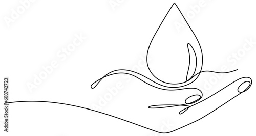Hand holding water drop continuous line drawing. Blood or oil drop in human arm linear symbol. Vector illustration isolated on white.