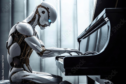Artifficial intelligence humanoid playing piano. Generative AI photo