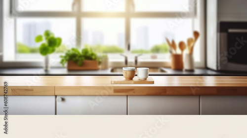 Rustic Elegance, Wooden Tabletop amidst a Blurred Kitchen and Window Backdrop. Generative AI