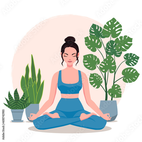 Tranquil woman with croosed legs meditating in yoga lotus posture. Girl in yoga asana at home. Young woman doing yoga exercises and practicing meditation. Flat vector illustration.