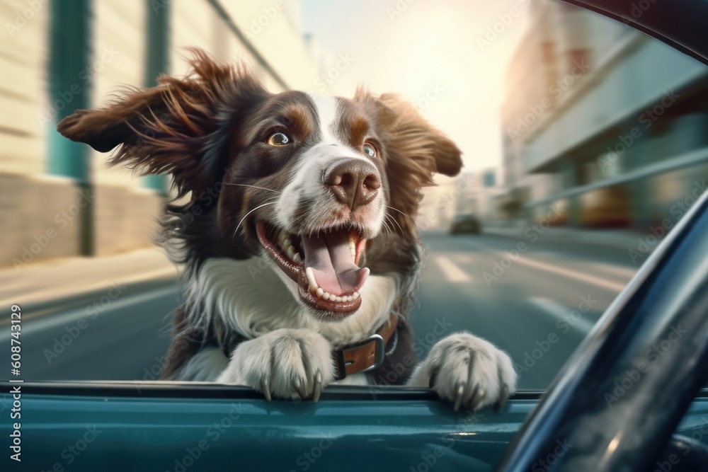 A dog driving a car close-up. Generative AI.
