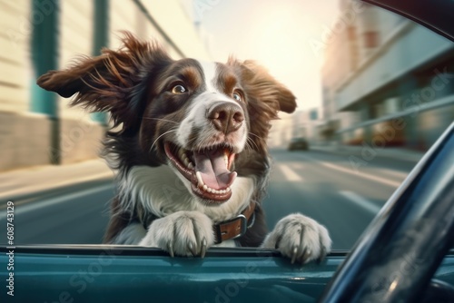 A dog driving a car close-up. Generative AI.