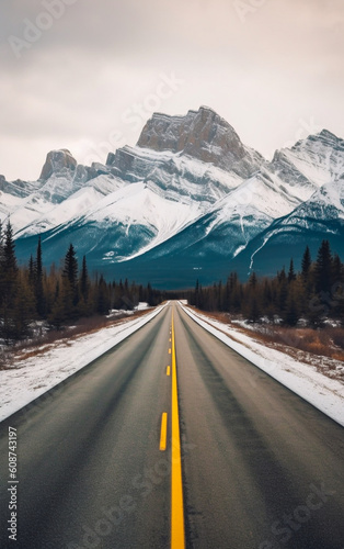 Straight road between snowy mountains - ai generative © Giordano Aita