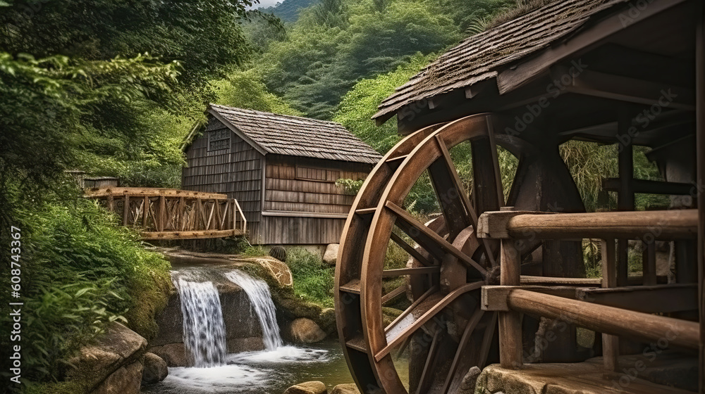 The mill wheel rotates under a stream of water at village with traditional thatched roofed houses. Generative AI - obrazy, fototapety, plakaty 