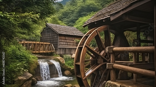 The mill wheel rotates under a stream of water at village with traditional thatched roofed houses. Generative AI