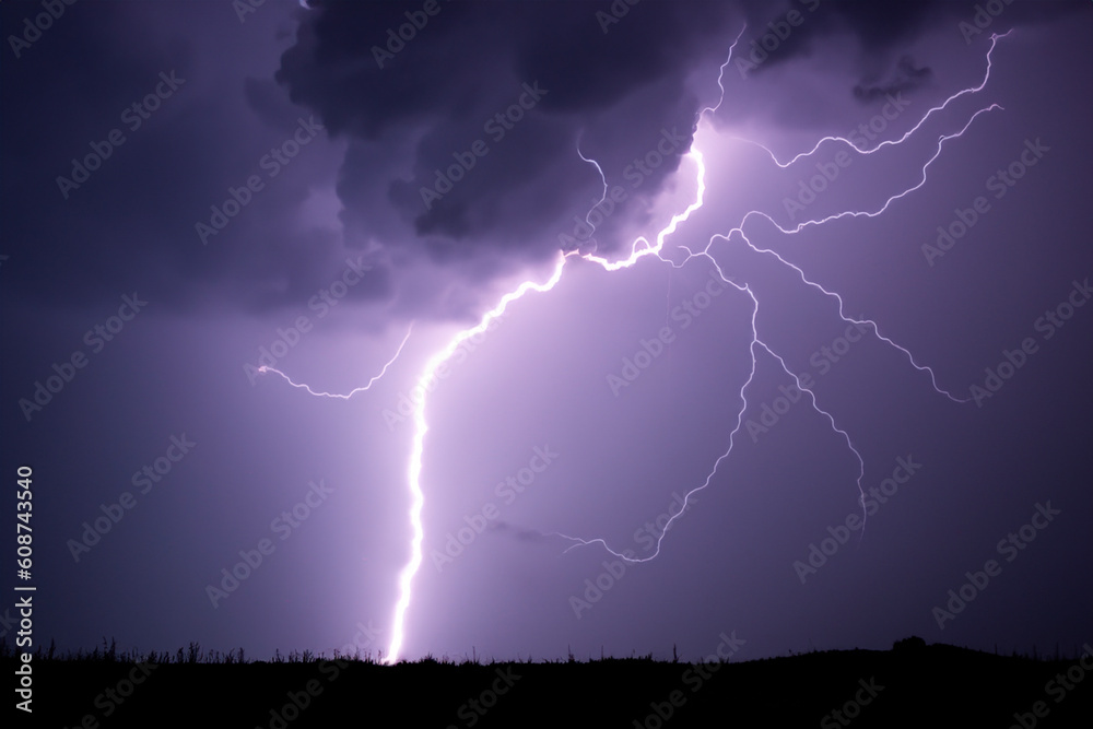 Ray. Lightning. Electric storm. Strong electrical storm with a multitude of lightning and thunder. Lightning storm over fields of Spain. Photography of lightning. - obrazy, fototapety, plakaty 