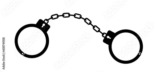 Closed jail cuffs. Cartoon handcuffs. Vector handcuff, manacles or shackles arrest. Police equipment. Chained, handcuffed hands, for thief, prison and detention. Crime symbol. Police hand cuffs.