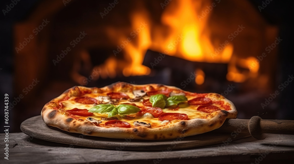Traditional baked pizza on background of blurred brick oven fire. Generative AI