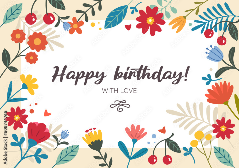 Beautiful greeting card in vector with flowers and cherries in a flat style. Beautiful card happy birthday!