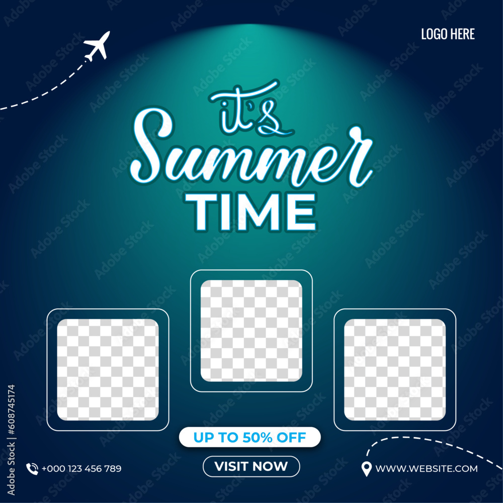 It's summer time. business promotion web banner template design for social media. Tourism, summer holiday tour online marketing, post or poster with abstract gradient background. vector illustrations.