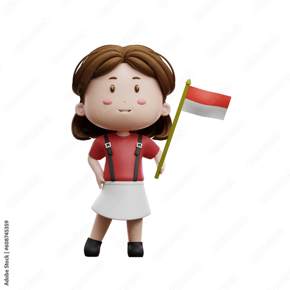 3d illustration Girl Holding Indonesian Flag, Indonesia independence day 3d illustration Girl Holding Indonesian Flag, Indonesia independence day