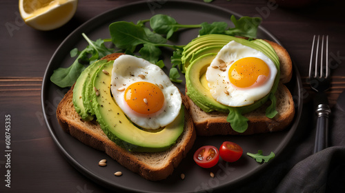 Hearty Brunch Delight, Eggs, Avocado, and Salad Adorned Toast Slices. Generative AI