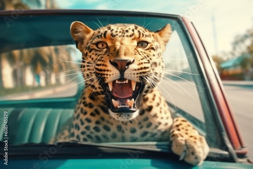 A leopard driving a car close-up. Generative AI