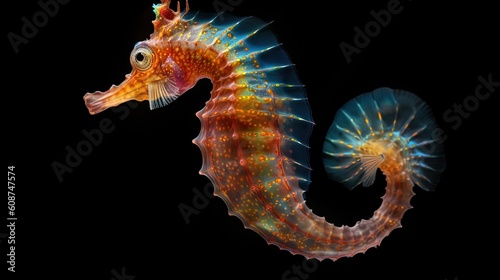  a colorful sea horse is shown against a black background,. generative ai