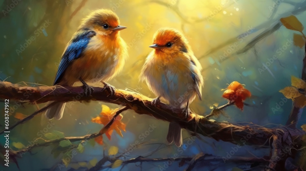 A group of little birds sitting on a branch, looking funny. Generative AI