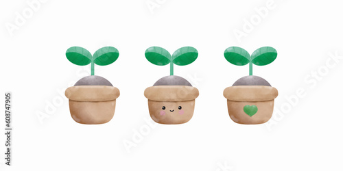 set of collection seedlings in pot watercolor emotion element ,world environment day, save the world, earth day, on white background vecter illustration