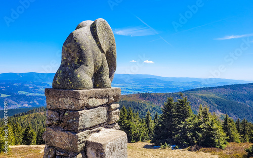 Statue of the elephant under the top of Kralicky Sneznik in Czech Republic. Śnieżnik. Mountais