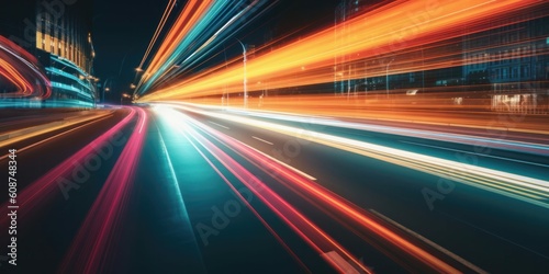 Abstract long exposure dynamic speed light trails in traffic road. Generative AI