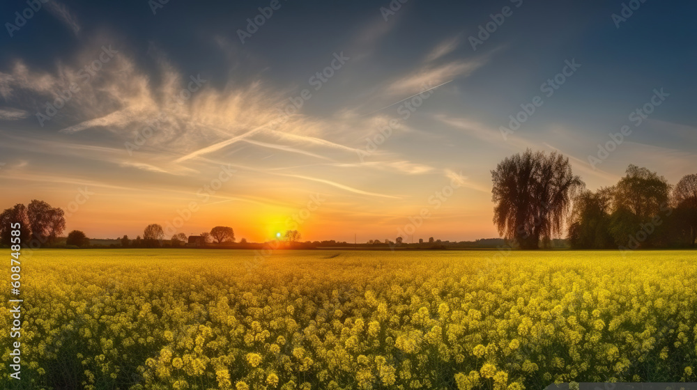 Vibrant Yellow Rapeseed Field Captures the Essence of the Blue Evening Sky. Generative AI