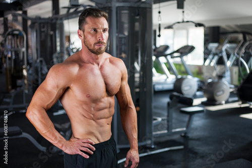 Strong sexy muscular bodybuilder guy standing ,gym, crossfit, bodybuilding.