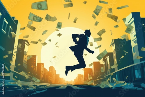 Businessman jumping with a lot money on the street. Achievement or success concepts. Generative AI