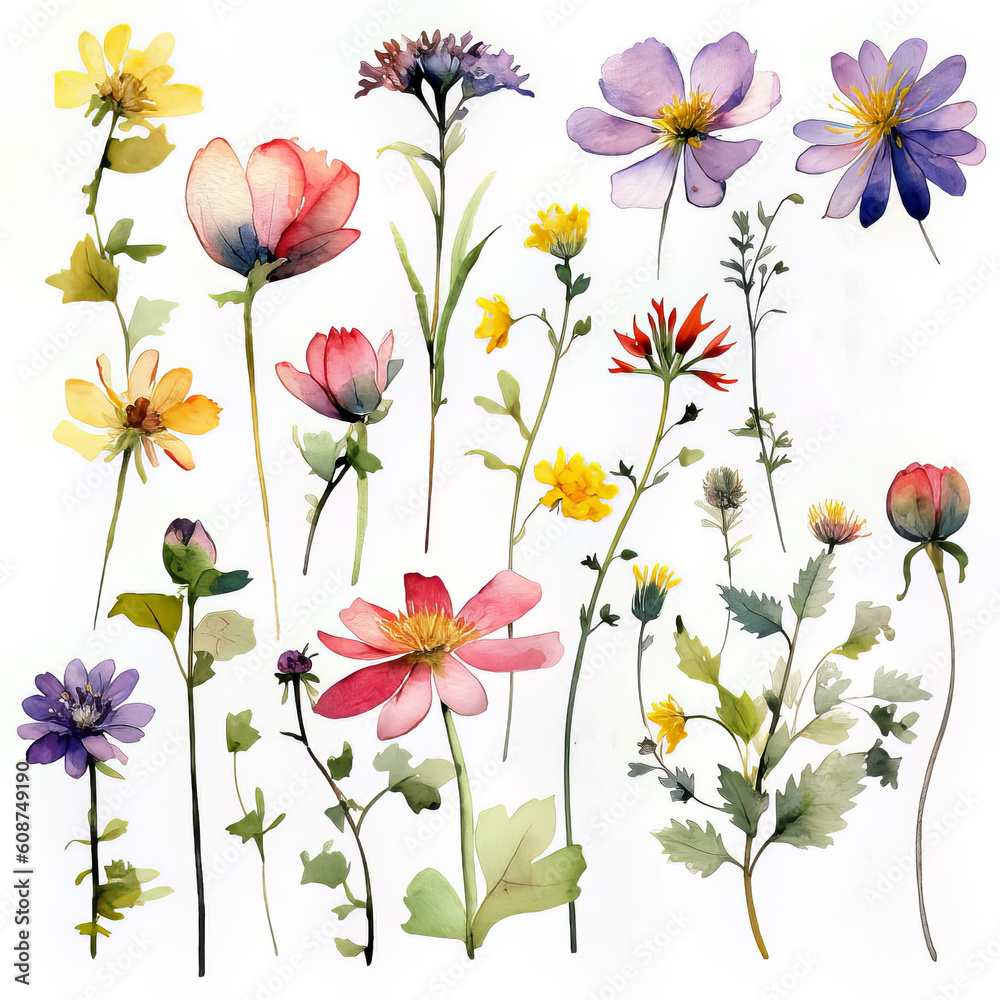 White Background Separeted Isolated Watercolour Flower Illustrations 