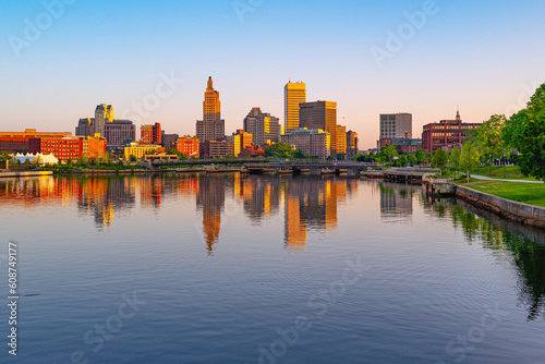 Providence downtown skyline and buildings at sunrise  tranquil water reflections over the River in the capital city of Rhode Island