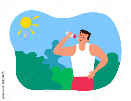 man drinking water summer heatstroke first aid thirsty dehydration vector illustration