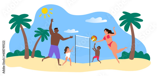 multiracial family playing beach volleyball summer vacation vector illustration