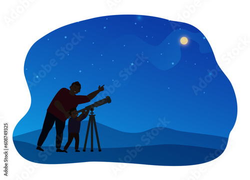 father and son silhouettes looking  through the  telescope night sky outdoor vector illustration
