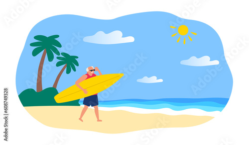 senior man surfer with surfboard on the tropical beach summer vacation vector illustration