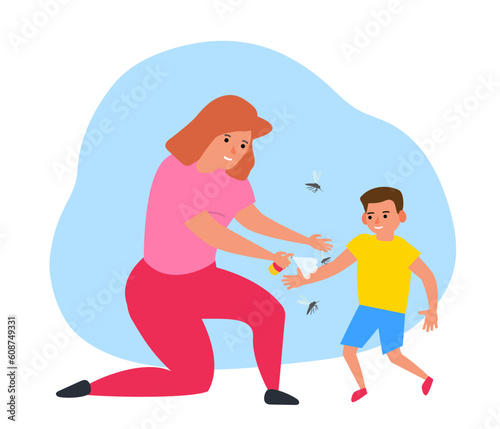 woman using mosquito repellent to her son  spraying on skin protection vector illustration