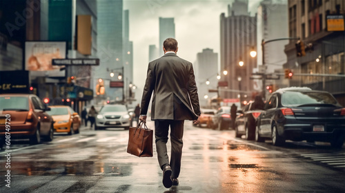 man in suit walking on wet street with leather bag cool down the street, generative AI