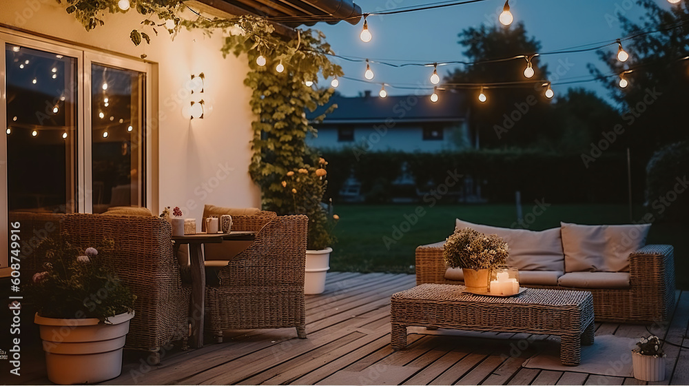 Summer evening on the terrace of beautiful suburban house with patio with wicker furniture and lights. Generative AI - obrazy, fototapety, plakaty 