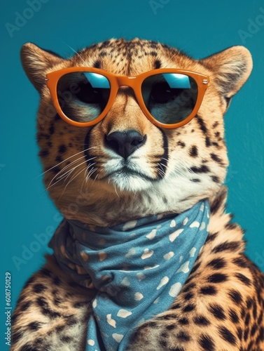 A real cheetah cool with black sunglasses. Generative AI. © nadunprabodana
