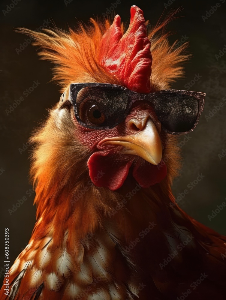 A real chicken cool with black sunglasses. Generative AI