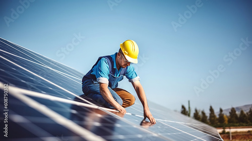 Worker installing solar panels outdoors, Generative AI