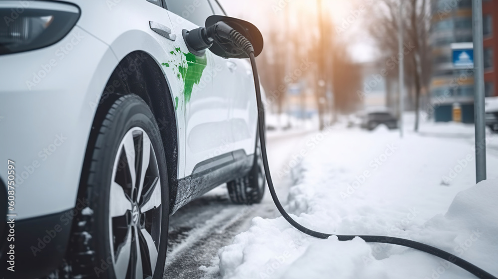 Electric car charging battery in winter - vehicle, power and green energy concept. Generative AI