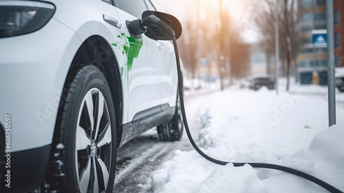 Electric car charging battery in winter - vehicle, power and green energy concept. Generative AI © Gasspoll