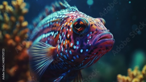  a close up of a colorful fish on a coral reef.  generative ai